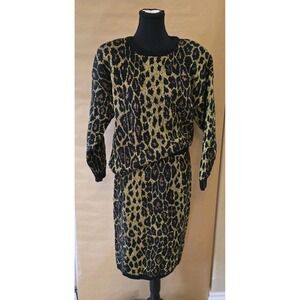1980's Metallic Leopard Print 2pc Knit Skirt Suit Set M/L‎